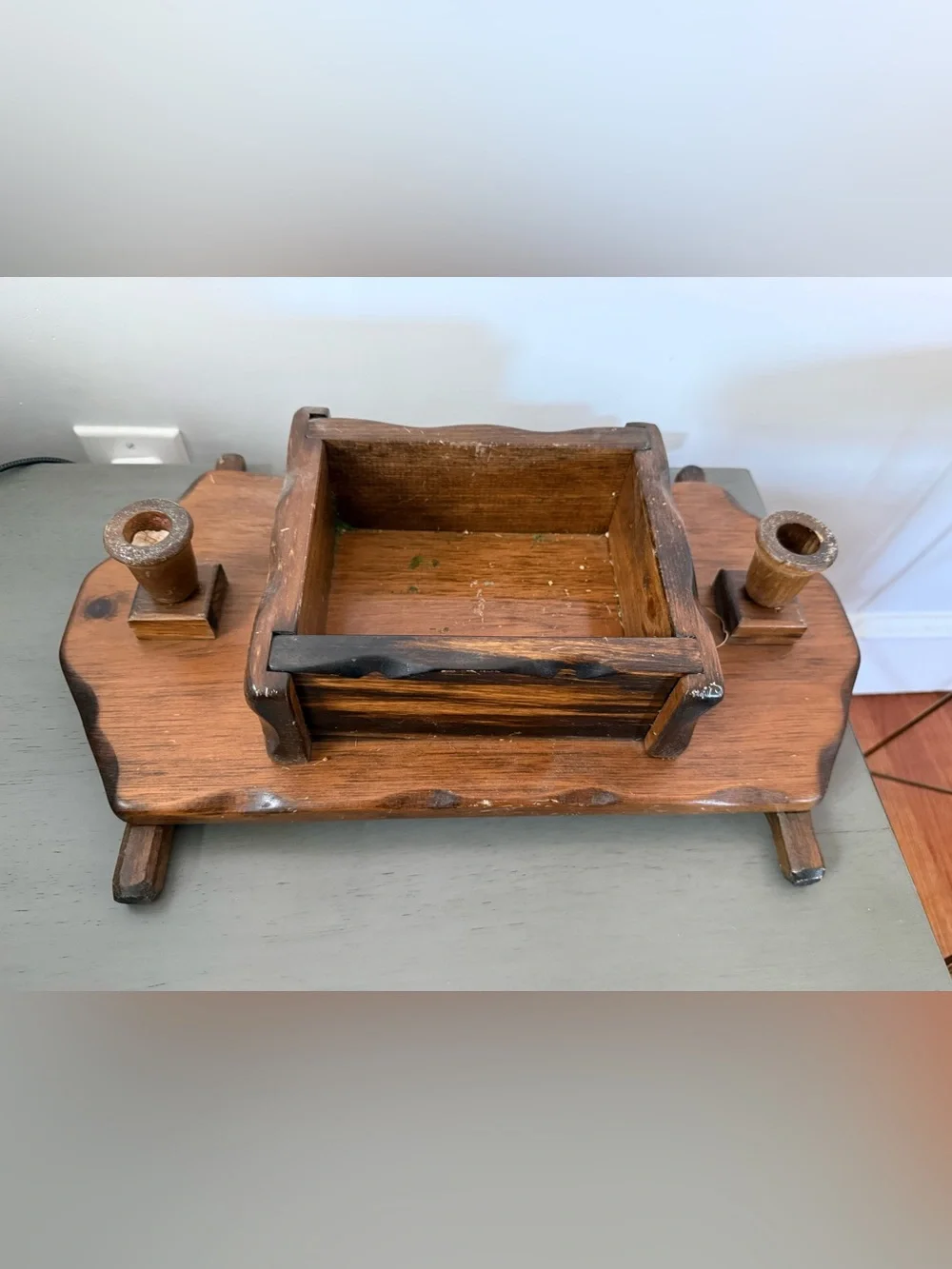 Vintage Wooden Table Caddy Candle Holder Organizer Rustic Center Piece MCM